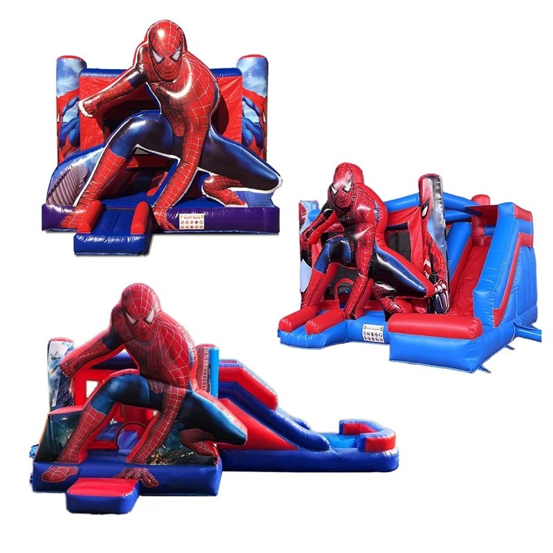 Castelo inflável com tema de Homem-Aranha com deslizamento seco e soprador de 950w para crianças Festa 5 * 5 * 3,6m Tamanho 1-6 pessoas Capacidade