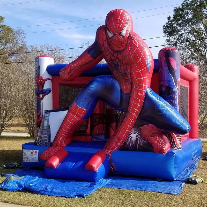 Castelo inflável com tema de Homem-Aranha com deslizamento seco e soprador de 950w para crianças Festa 5 * 5 * 3,6m Tamanho 1-6 pessoas Capacidade